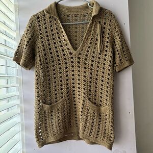 Handmade Crochet Short Sleeve Top with Pockets - Olive Green - Gently Used